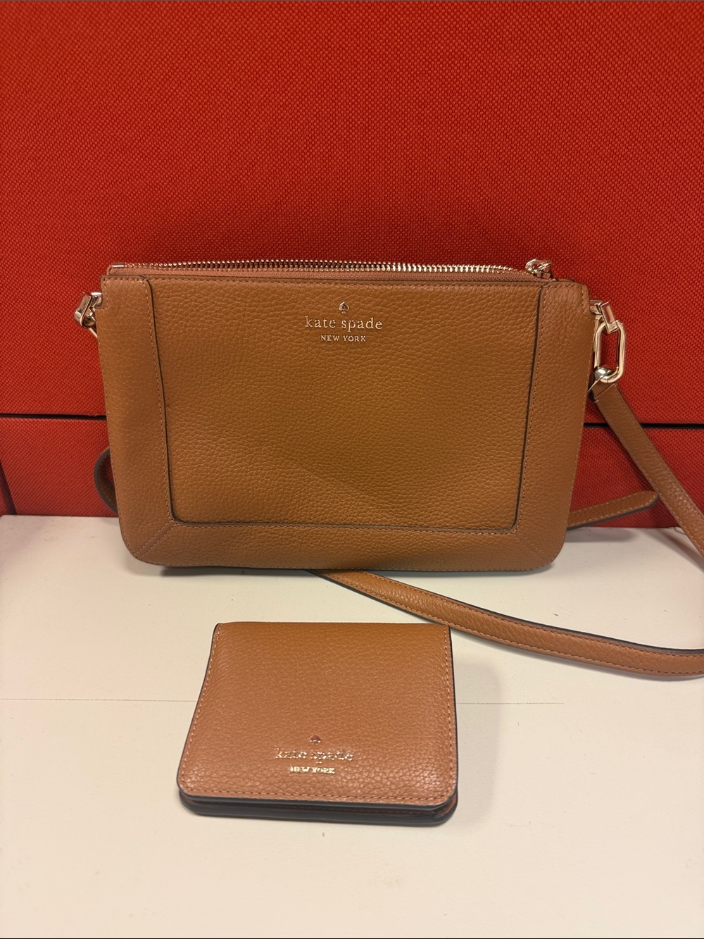 kate spade Tan/Cognac Pebbled Leather Crossbody with Matching Wallet